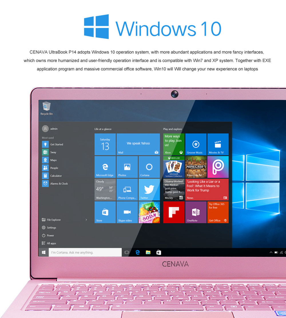 CENAVA P14 Laptop Intel celeron J3455 Quad Core 14" IPS Screen 1920*1080 Windows 10 6GB RAM 120GB SSD - Rose Gold