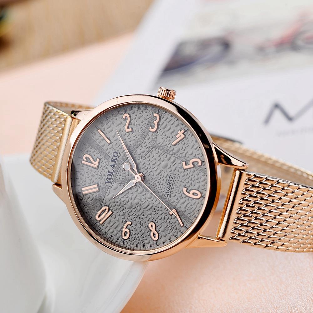 YOLAKO YK40 Women Stylish Quartz Watch Plastic Leather Strap - Rose Gold + Light Brown