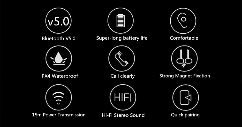 Binai A11 Neckband Wireless Earphones Bluetooth 5.0 Hi-Fi Stereo Sound Strong Magnetic Water-resistant for Android IOS - Black