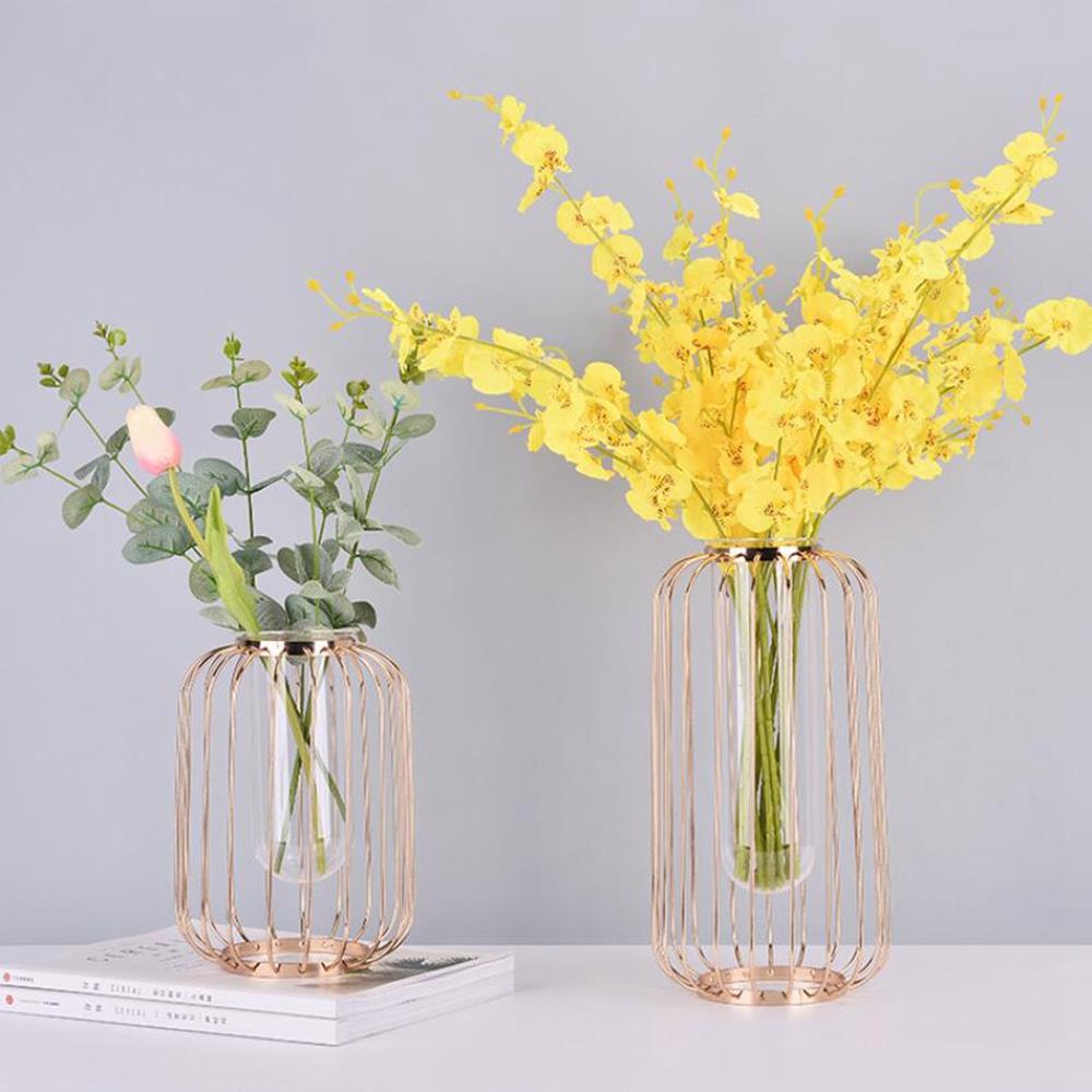 Lantern-shaped Wrought Iron Vase Glass Plated Flower Desktop Flower Pot Home Wedding Decoration Size S - Pink