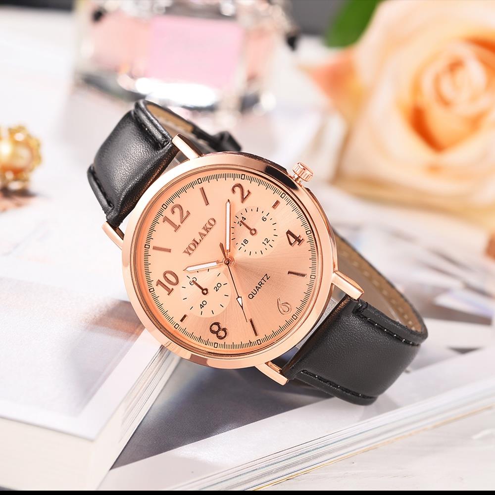 YOLAKO YK117 Casual Quartz Watch PU Leather Strap - Rose Gold + Coffee
