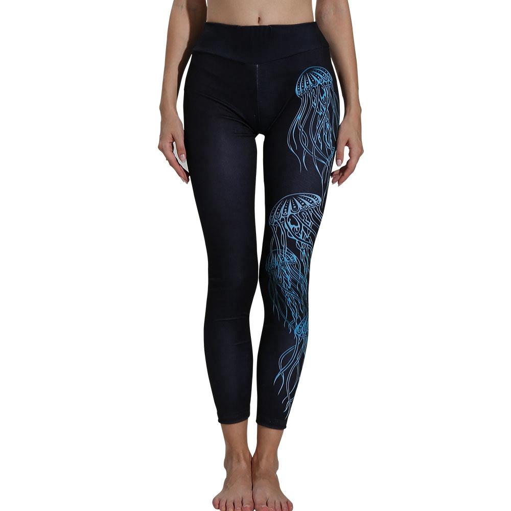 CK2236 Women Jellyfish Pattern Yoga Pants High-waist Leggings Size S - Black