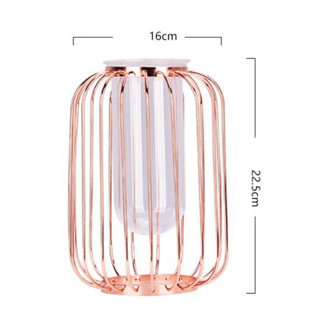 Lantern-shaped Wrought Iron Vase Glass Plated Flower Desktop Flower Pot Home Wedding Decoration Size S - Pink