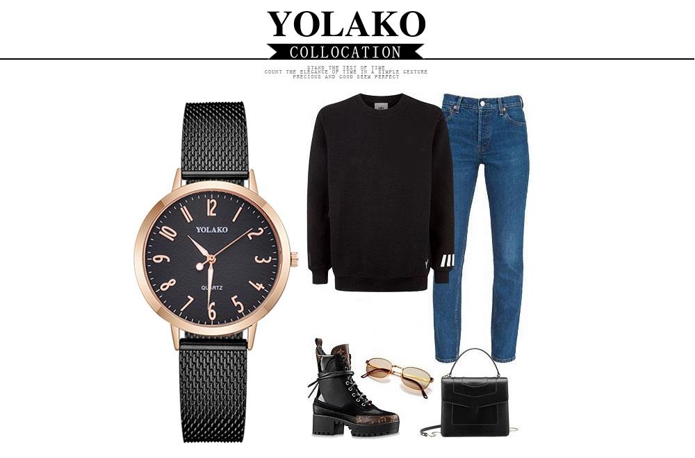 YOLAKO YK40 Women Stylish Quartz Watch Plastic Leather Strap - Rose Gold + Light Brown
