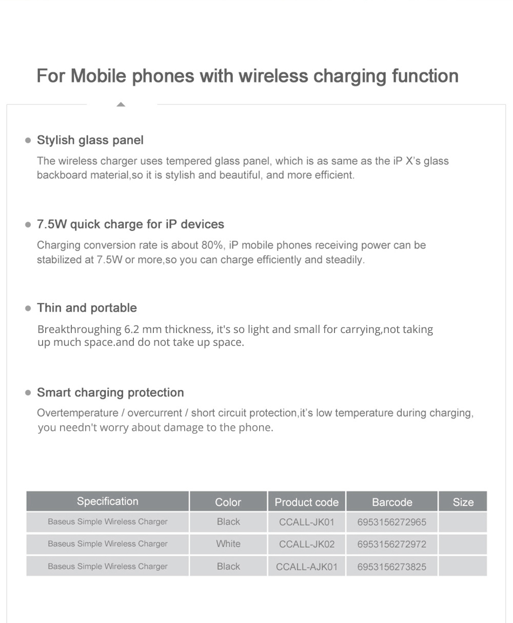 Baseus CCALL-AJK01 QI 10W Wireless Charger - White