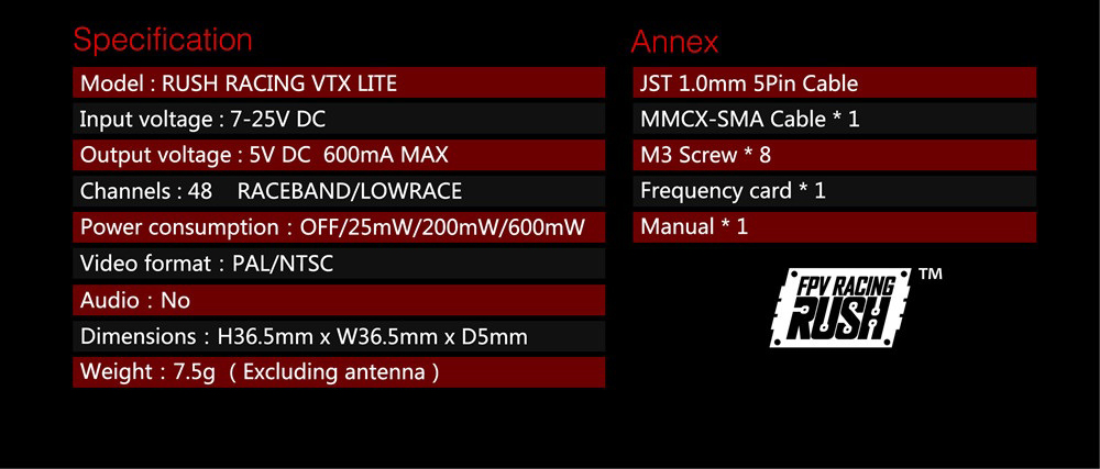 RUSH VTX LITE 5.8G 48CH 0/25/200/600mW Switchable AV Transmitter RaceBand/LowRace for FPV Racing Drone