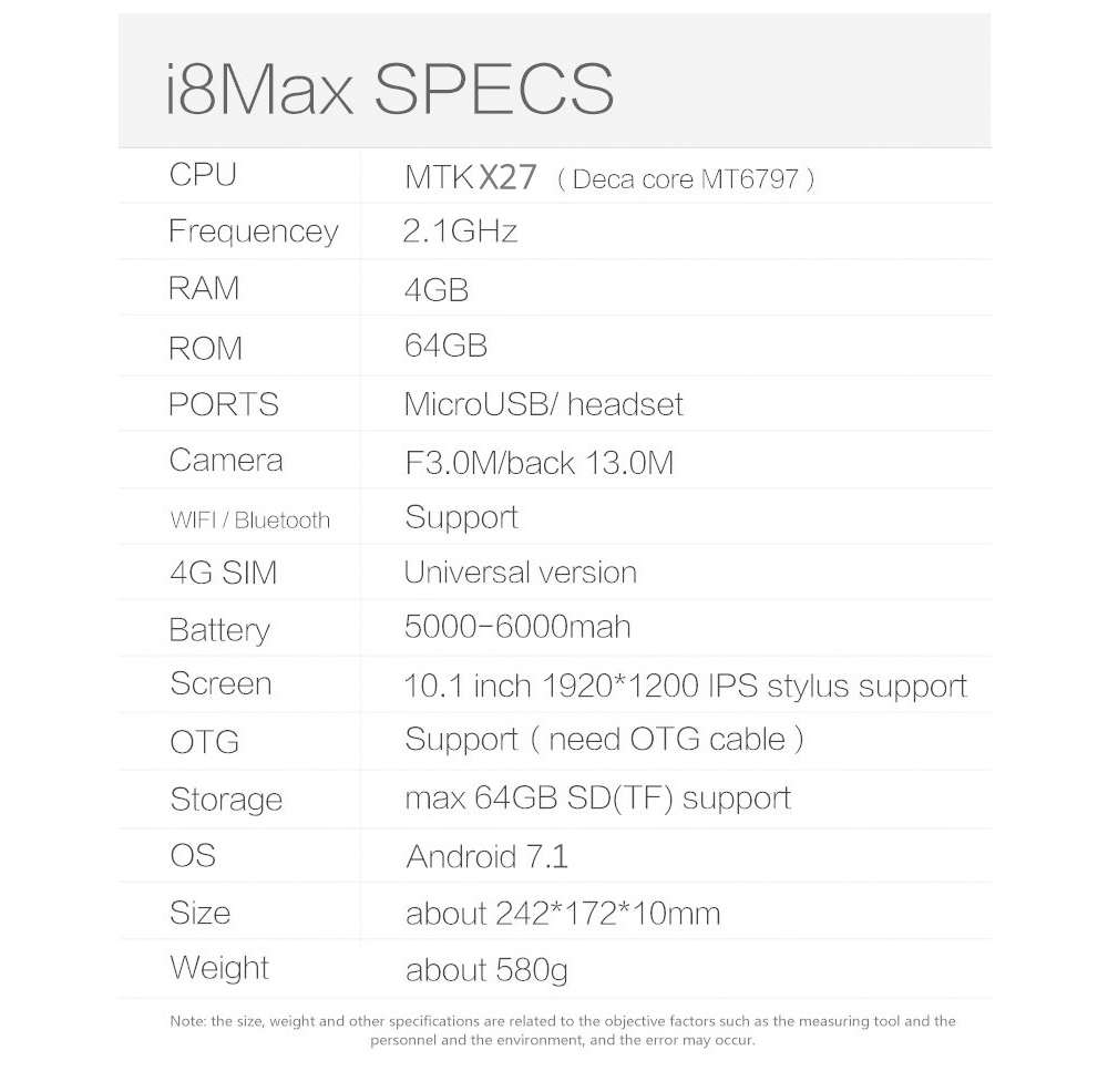 VOYO i8 Max 4G 10.1 Inch Tablet PC MT6797 Deca Core IPS 1920*1200 4GB RAM 64GB ROM Dual SIM Dual Standby Android 7.1 - Silver