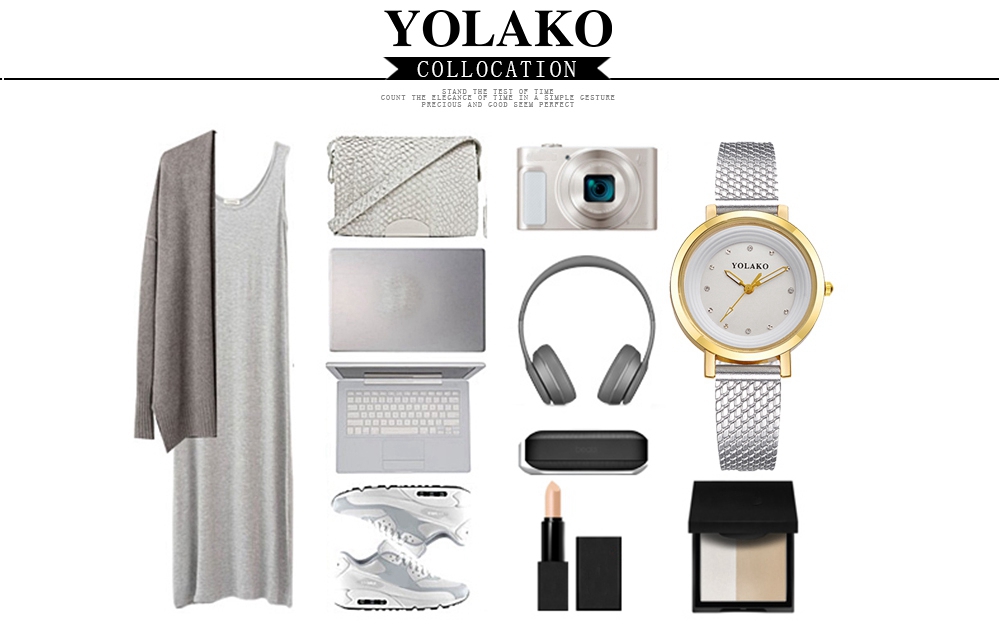 YOLAKO YK07 Women Casual Quartz Watch Gold Case Plastic Leather Strap - Black