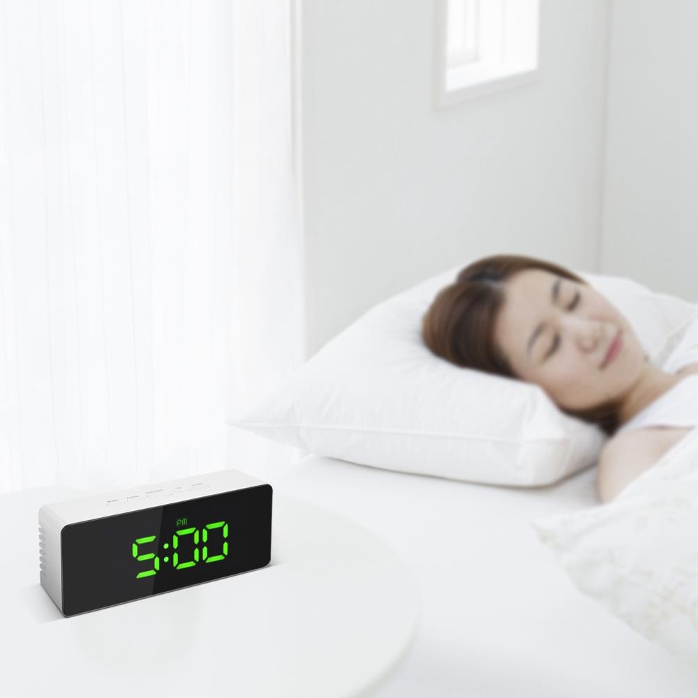 Rectangular LED Mirror Alarm Clock With Snooze Function Indoor Thermometer - Green