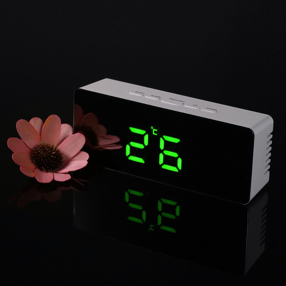 Rectangular LED Mirror Alarm Clock With Snooze Function Indoor Thermometer - Green
