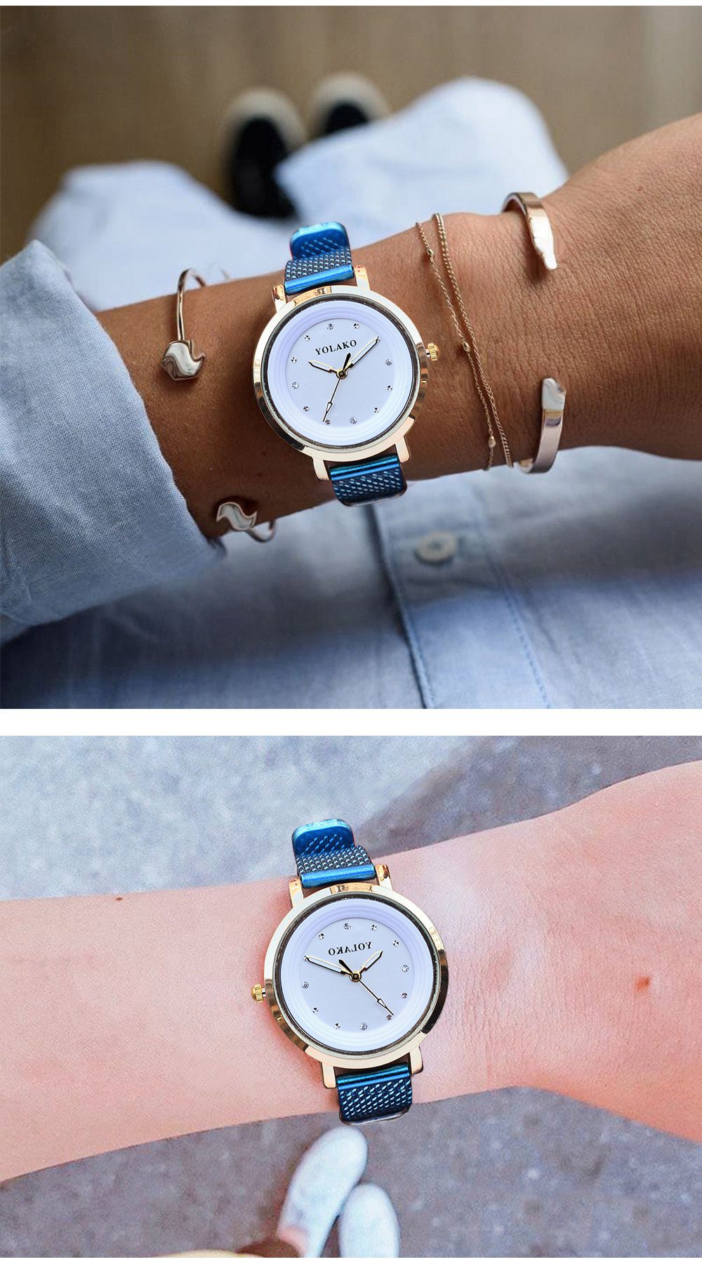 YOLAKO YK07 Women Casual Quartz Watch Gold Case Plastic Leather Strap - Black