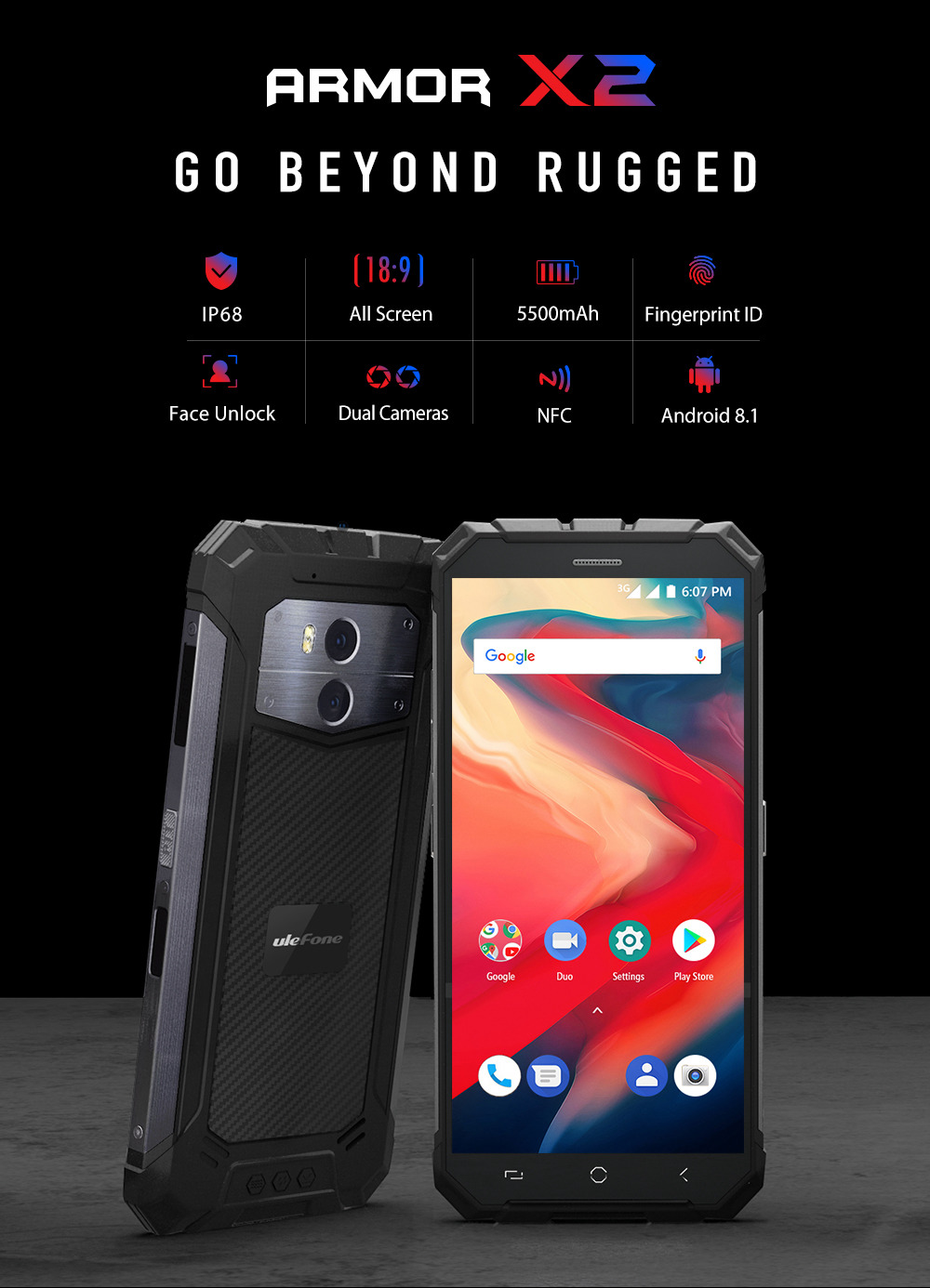 Ulefone Armor X2 5.5 Inch 4G LTE Smartphone MT6580 2GB 16GB 13.0MP+5.0MP Dual Rear Cameras Android 8.1 IP68 NFC Face Unlock - Rose Gold