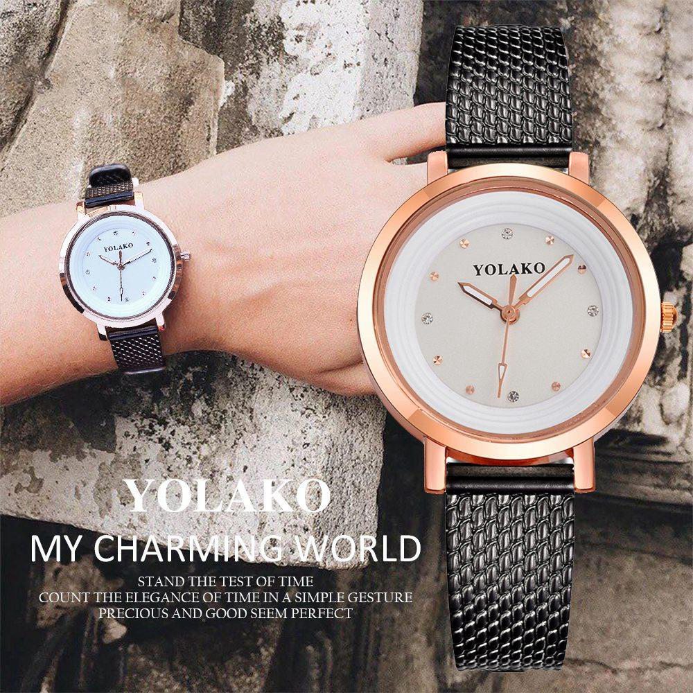 YOLAKO YK08 Women Casual Quartz Watch Rose Gold Case Plastic Leather Strap - Gold