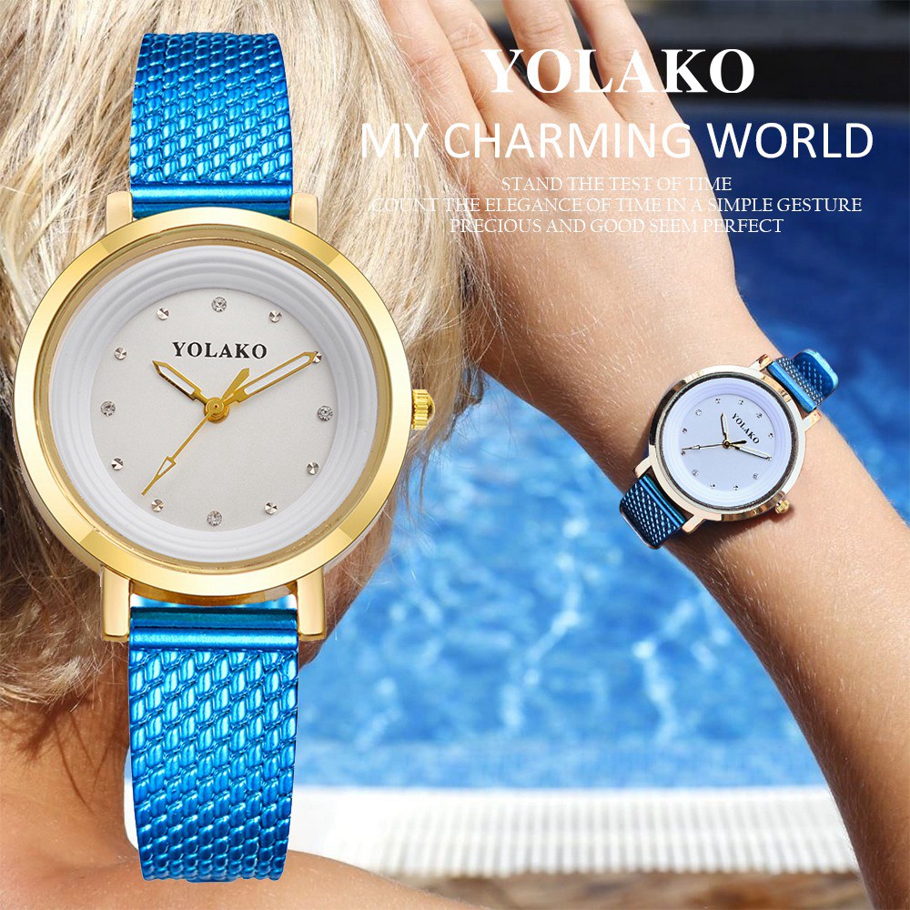 YOLAKO YK07 Women Casual Quartz Watch Gold Case Plastic Leather Strap - Black