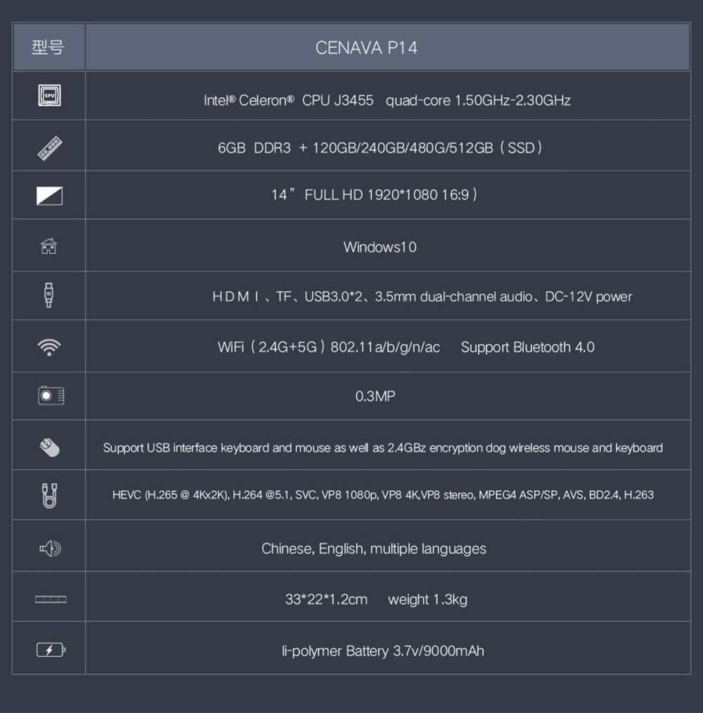 CENAVA P14 Laptop Intel celeron J3455 Quad Core 14" IPS Screen 1920*1080 Windows 10 6GB RAM 120GB SSD - Rose Gold