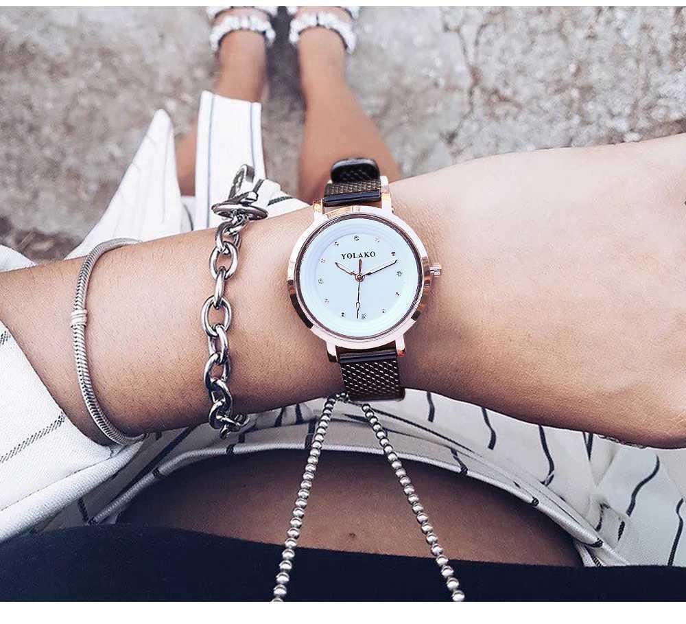 YOLAKO YK08 Women Casual Quartz Watch Rose Gold Case Plastic Leather Strap - Gold