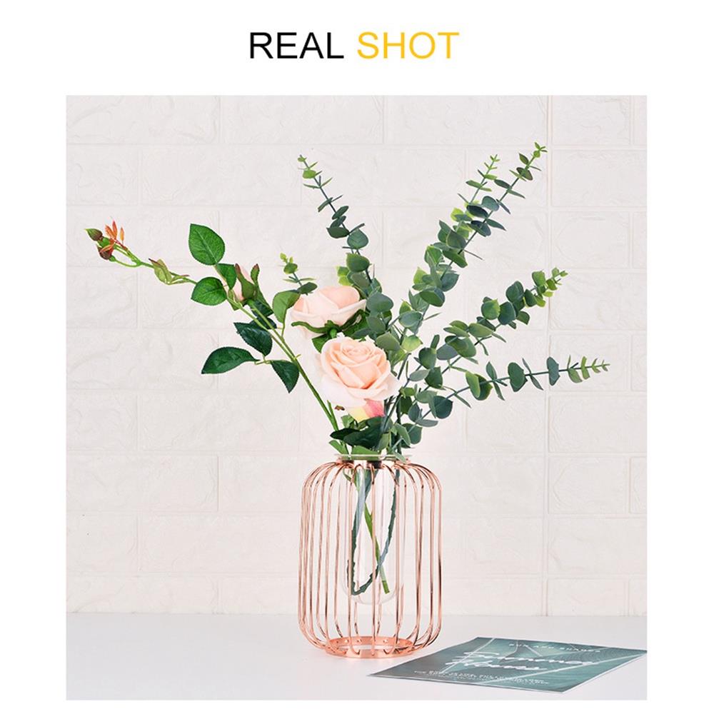 Lantern-shaped Wrought Iron Vase Glass Plated Flower Desktop Flower Pot Home Wedding Decoration Size L - Pink