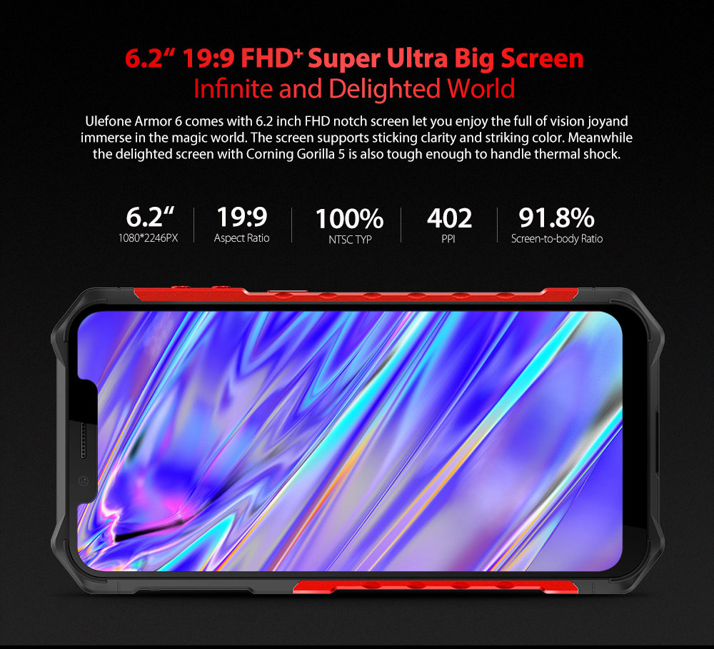 Ulefone Armor 6 6.2 Inch 4G LTE Smartphone Helio P60 6GB 128GB 21.0MP+13.0MP Dual Rear Cameras Android 8.1 IP68 NFC Wireless Charge - Black