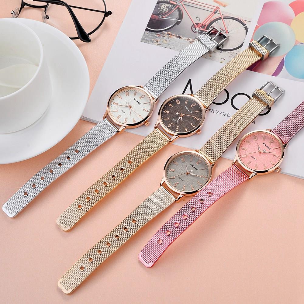 YOLAKO YK40 Women Stylish Quartz Watch Plastic Leather Strap - Rose Gold + Light Brown