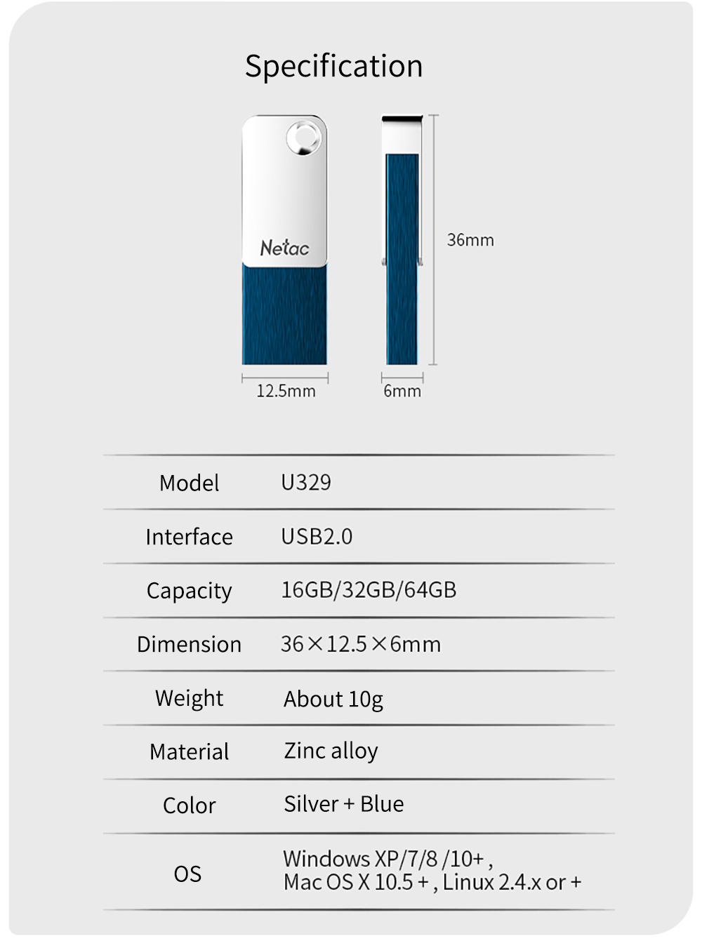 Netac U329 16GB USB Flash Drive Zinc Alloy - Silver + Blue