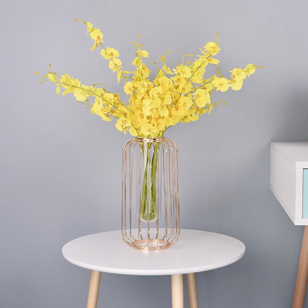 Lantern-shaped Wrought Iron Vase Glass Plated Flower Desktop Flower Pot Home Wedding Decoration Size S - Pink
