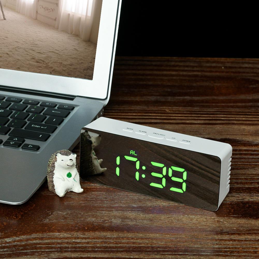 Rectangular LED Mirror Alarm Clock With Snooze Function Indoor Thermometer - Green