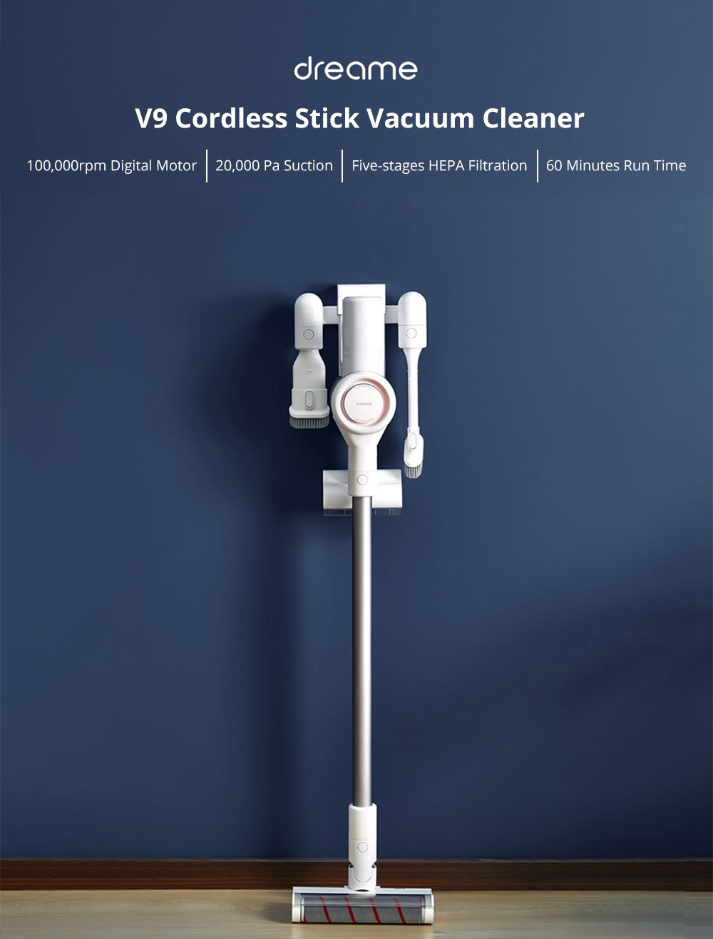 Xiaomi Dreame V9 Cordless Stick Vacuum Cleaner 20000 Pa Suction Anti-winding Hair Mite Cleaning 60 Minutes Run Time - White
