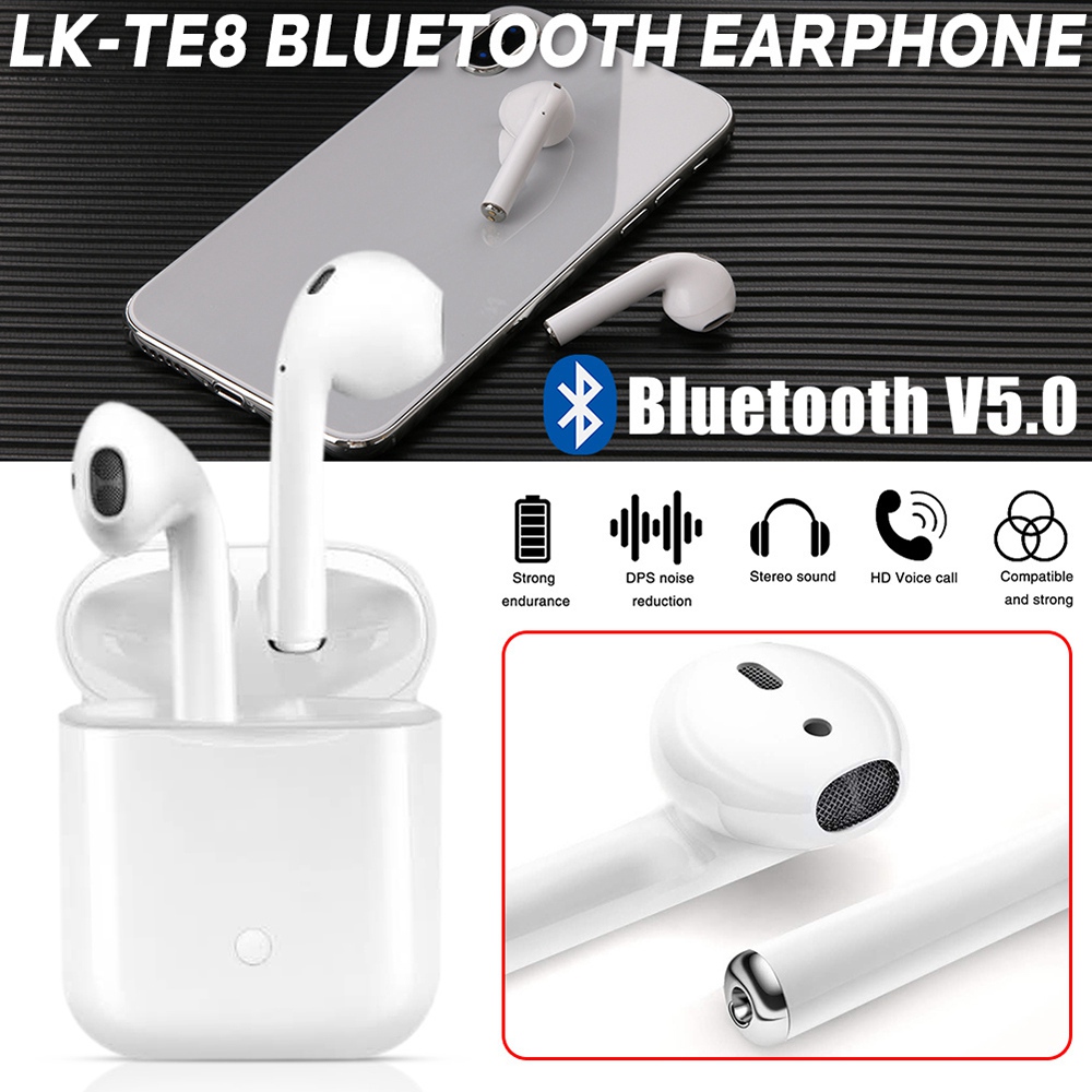 LK TE8 Wireless Bluetooth 5.0 Earbuds Touch Control Wireless Charging 3D Surround Sound Binaural Calls - White