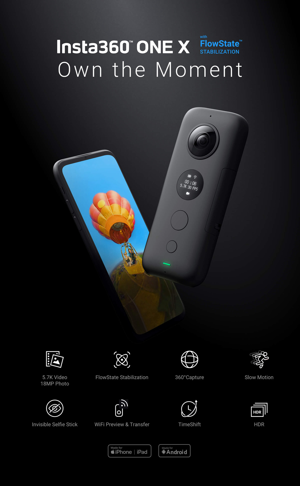 Insta360 ONE X HDR 360 Panoramic 5.7K VR Anti-shake Motion Sport Camera for iPhone Android