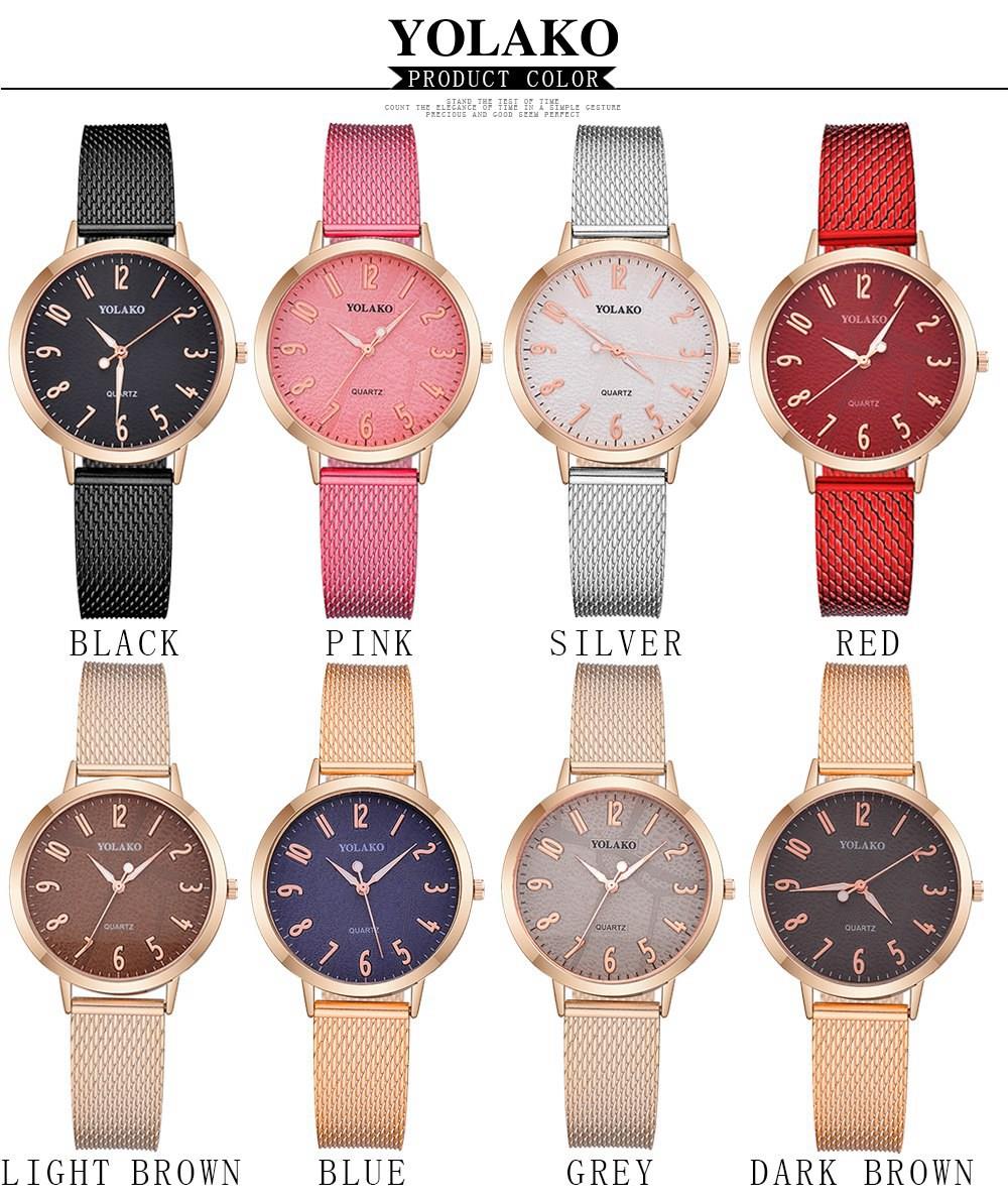 YOLAKO YK40 Women Stylish Quartz Watch Plastic Leather Strap - Rose Gold + Light Brown