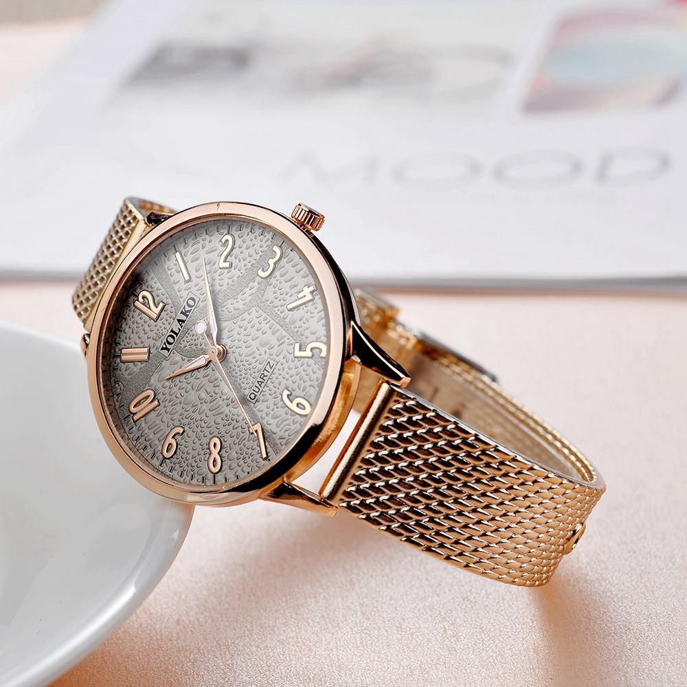 YOLAKO YK40 Women Stylish Quartz Watch Plastic Leather Strap - Rose Gold + Light Brown
