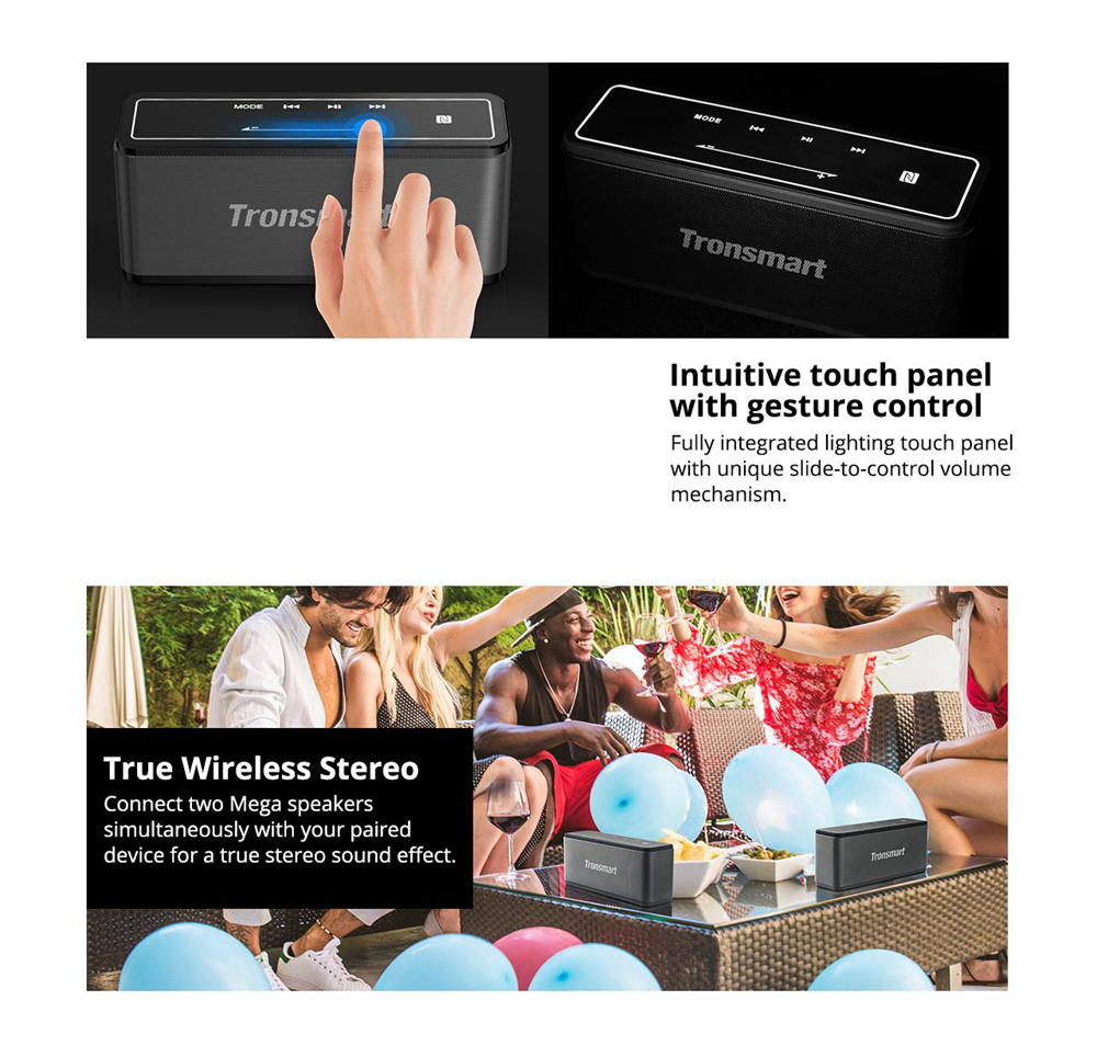 Tronsmart Element Mega SoundPulse™ Bluetooth Speaker with Powerful 40W Max Output 3D Digital Sound TWS Intuitive Touch Control - Gray