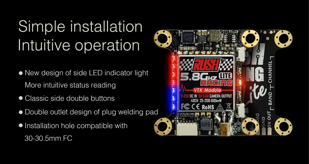 RUSH VTX LITE 5.8G 48CH 0/25/200/600mW Switchable AV Transmitter RaceBand/LowRace for FPV Racing Drone
