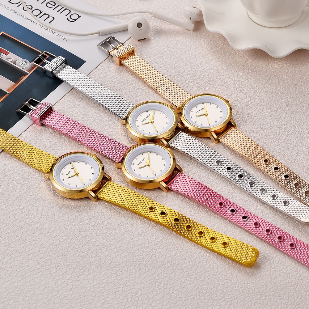 YOLAKO YK07 Women Casual Quartz Watch Gold Case Plastic Leather Strap - Black