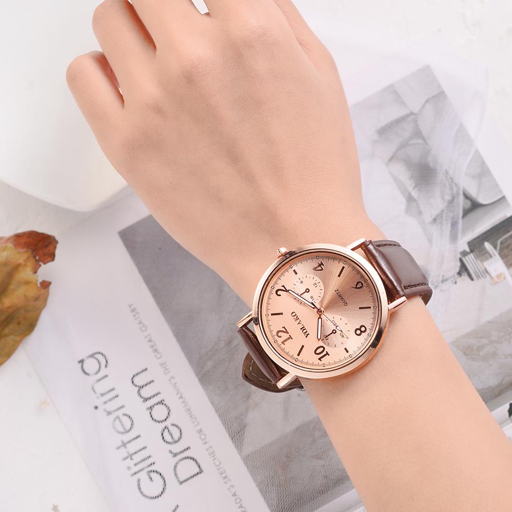 YOLAKO YK117 Casual Quartz Watch PU Leather Strap - Rose Gold + Coffee