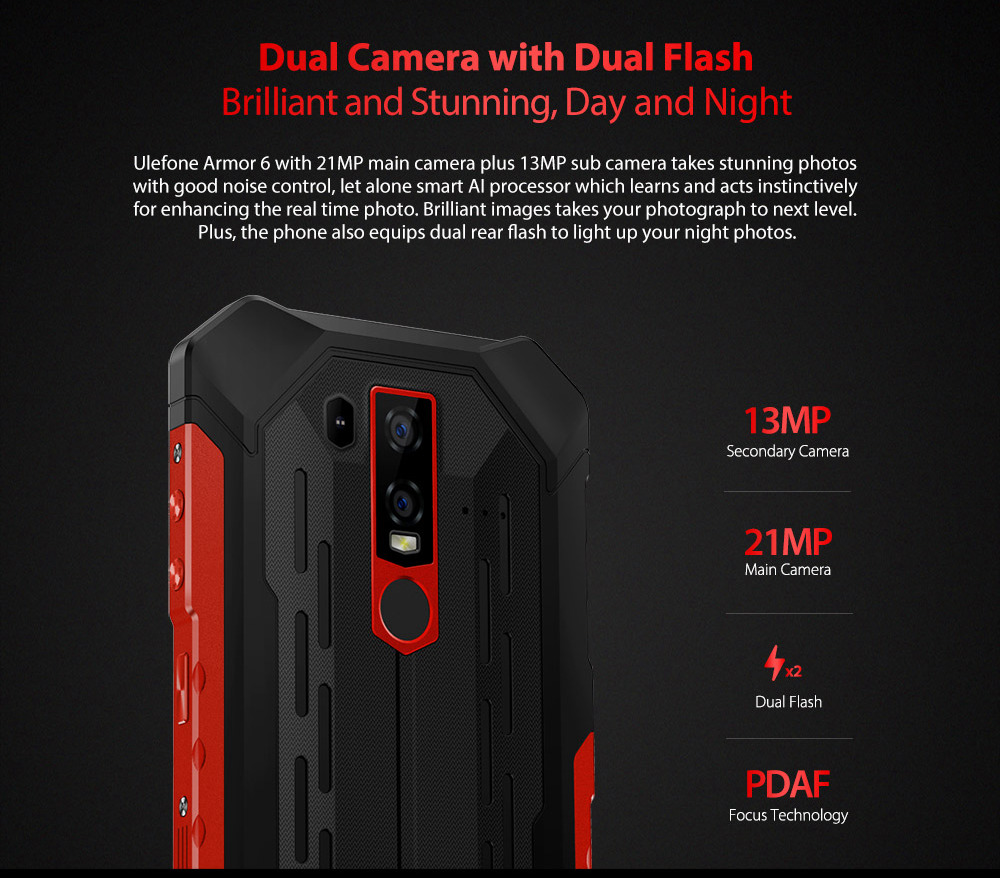 Ulefone Armor 6 6.2 Inch 4G LTE Smartphone Helio P60 6GB 128GB 21.0MP+13.0MP Dual Rear Cameras Android 8.1 IP68 NFC Wireless Charge - Red
