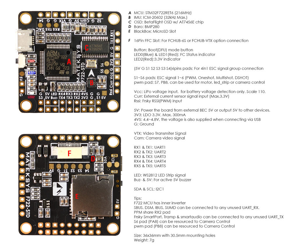 Matek Systems F722-STD STM32F722 Flight Controller Built-in OSD BMP280 Barometer Blackbox for Racing Drone