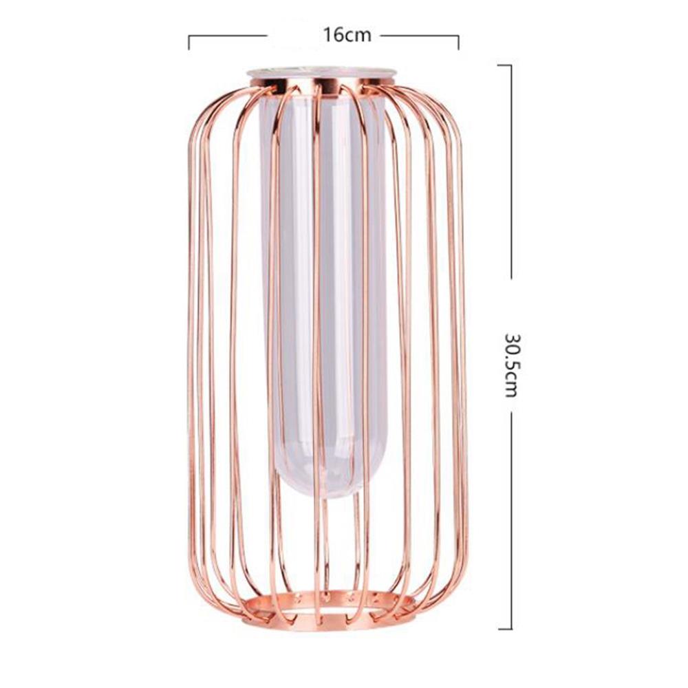 Lantern-shaped Wrought Iron Vase Glass Plated Flower Desktop Flower Pot Home Wedding Decoration Size L - Pink