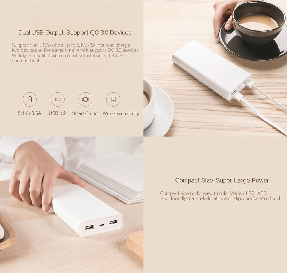 Xiaomi Power Bank 2C 20000mAh Dual USB Output Quick Charge 3.0 Li-polymer Battery - White