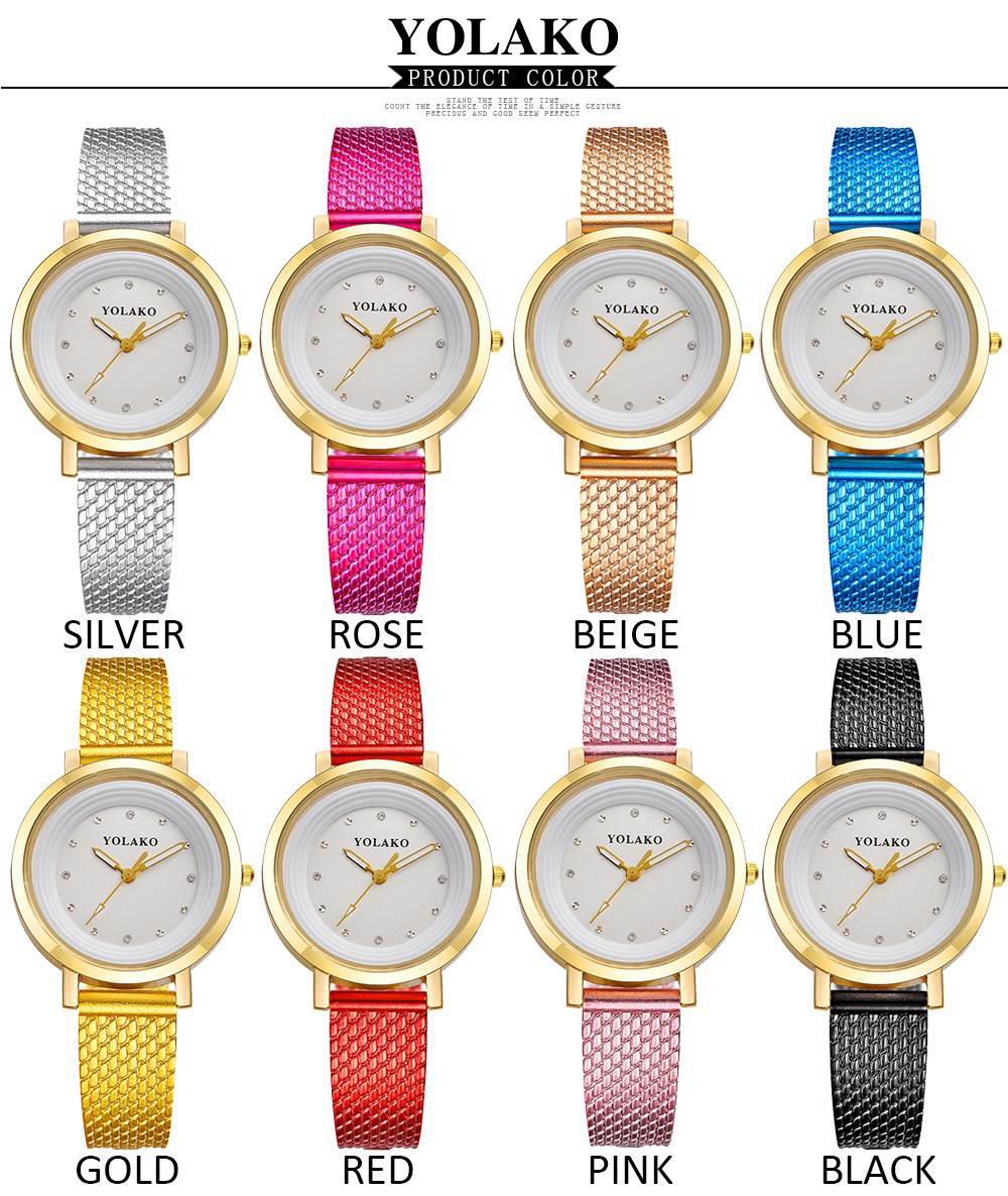 YOLAKO YK07 Women Casual Quartz Watch Gold Case Plastic Leather Strap - Black