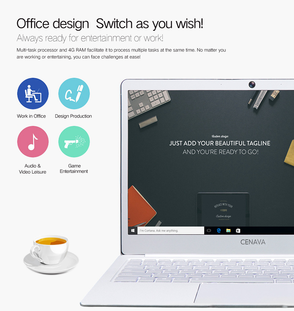 CENAVA P14 Laptop Intel celeron J3455 Quad Core 14" IPS Screen 1920*1080 Windows 10 6GB RAM 120GB SSD - Rose Gold