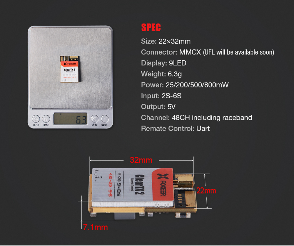 Foxeer ClearTX 2 5.8G 48CH 25/200/500/800mW Switchable FPV Transmitter Uart Remote Control VTX MMCX