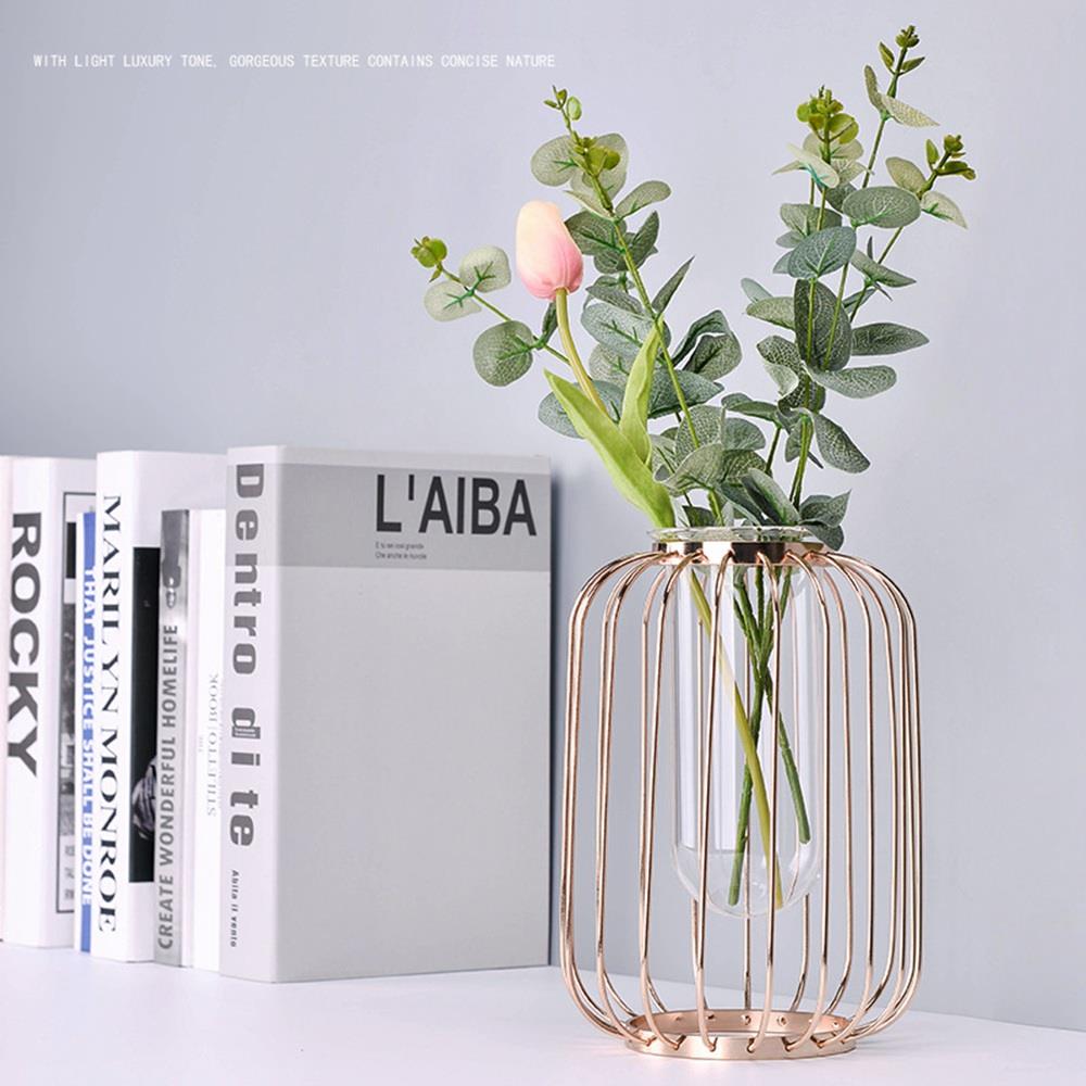 Lantern-shaped Wrought Iron Vase Glass Plated Flower Desktop Flower Pot Home Wedding Decoration Size S - Pink