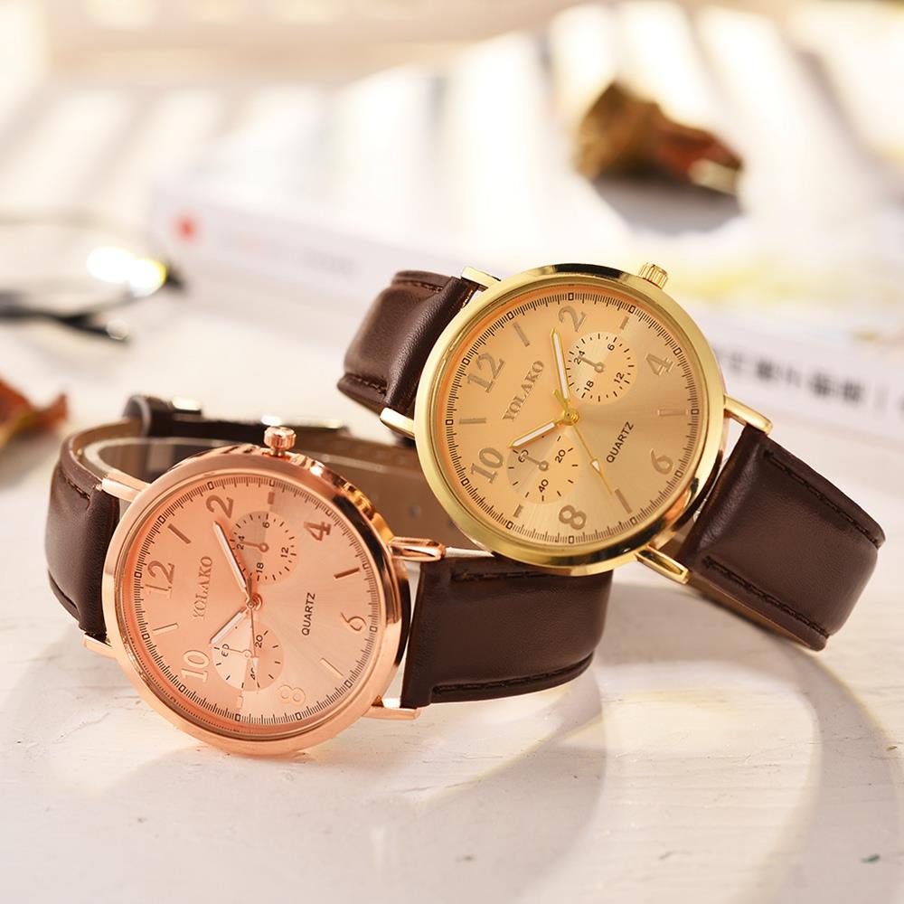 YOLAKO YK117 Casual Quartz Watch PU Leather Strap - Rose Gold + Coffee