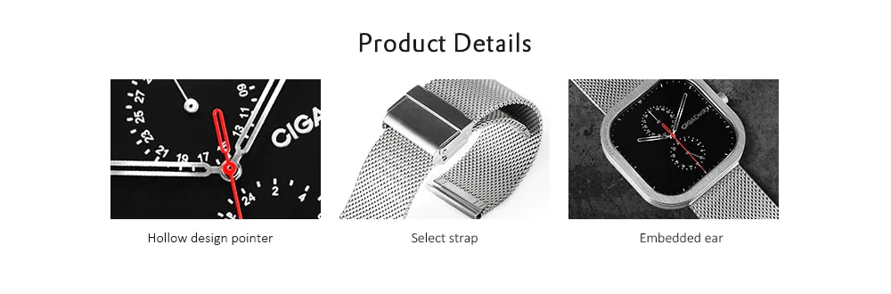 Xiaomi CIGA Design Men Simple Quartz Watch Square Case Stainless Steel Strap - Silver