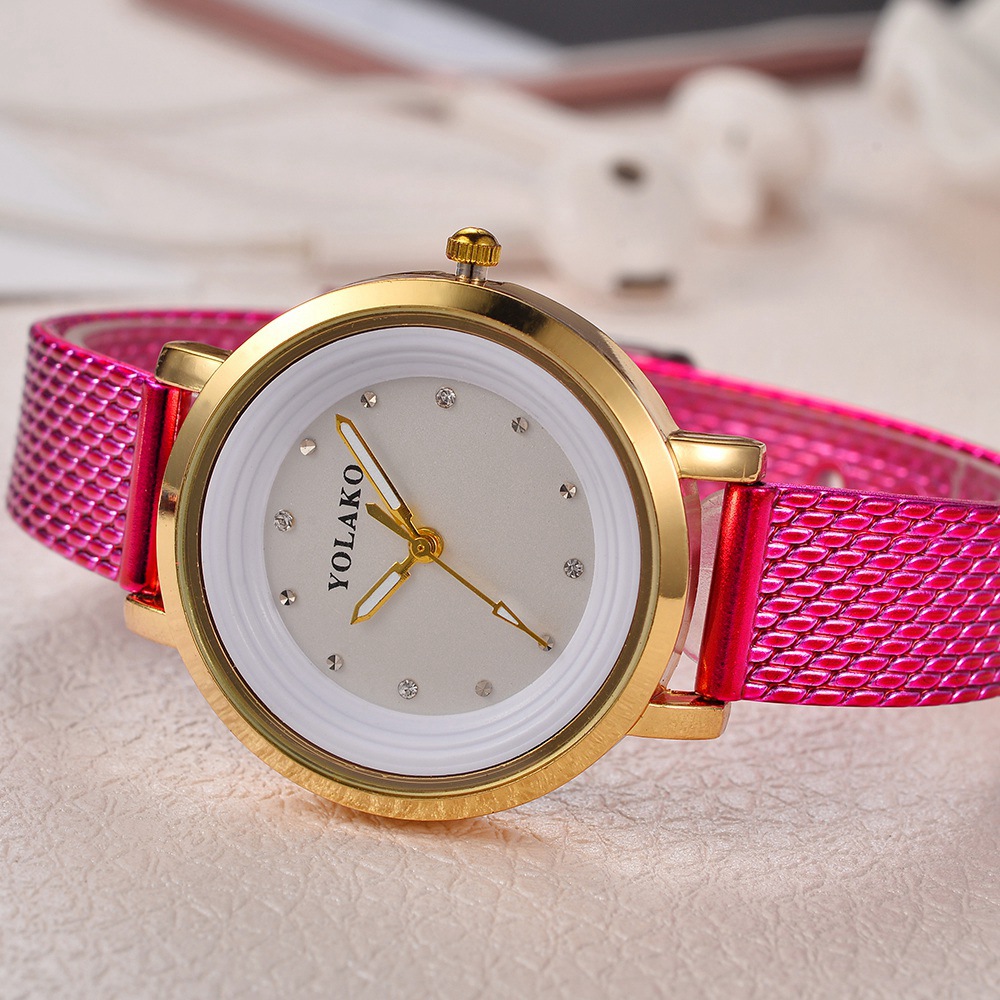 YOLAKO YK07 Women Casual Quartz Watch Gold Case Plastic Leather Strap - Black
