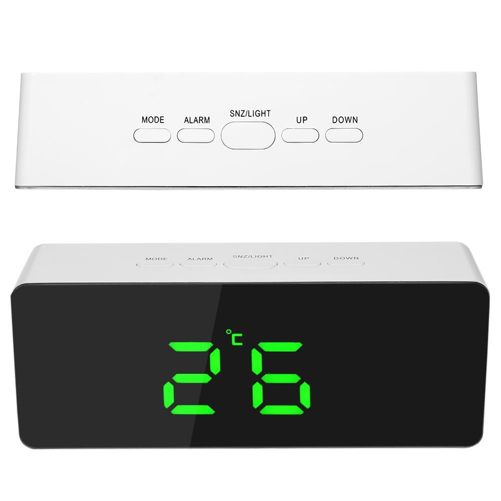 Rectangular LED Mirror Alarm Clock With Snooze Function Indoor Thermometer - Green