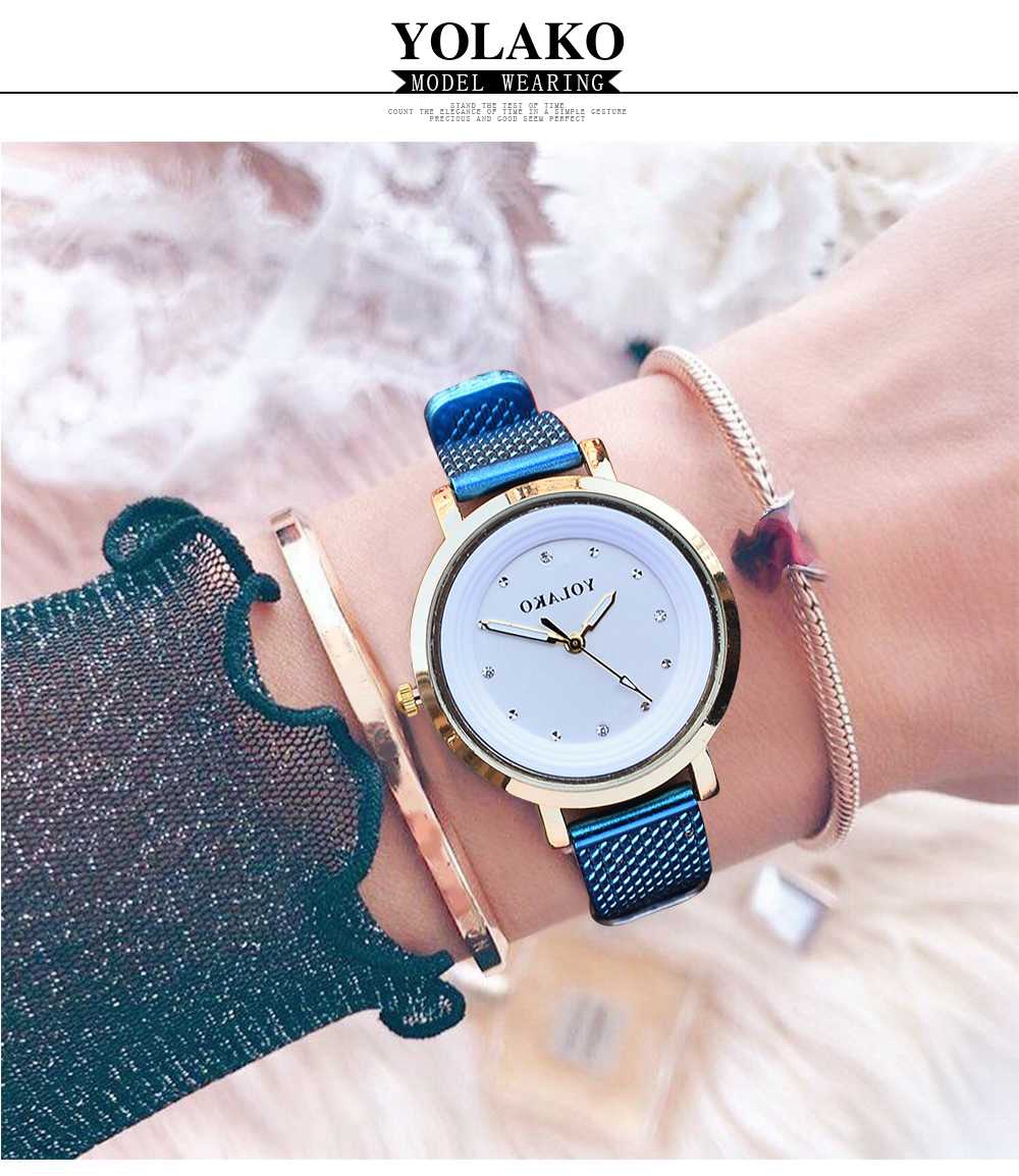 YOLAKO YK07 Women Casual Quartz Watch Gold Case Plastic Leather Strap - Black