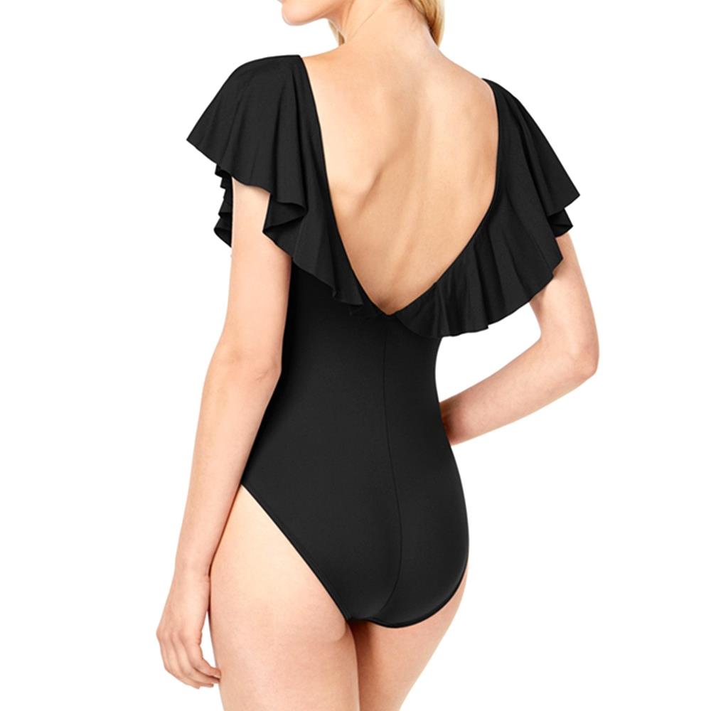 BK93 Women Ruffle V Neck One-piece Backless Swimwear Size XXL - Black