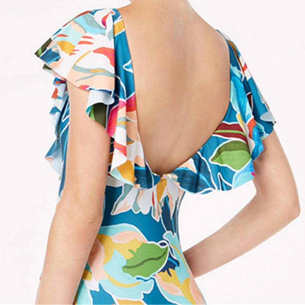 BK93 Women Ruffle V Neck One-piece Backless Swimwear Size XL - Multi-Color